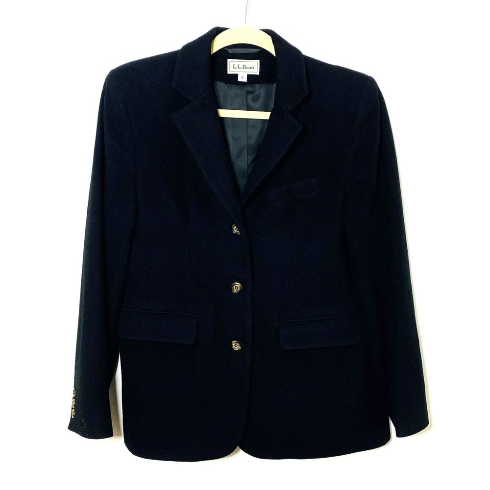 Vintage LL Bean Wool Cashmere Blend Black Long Sleeve Blazer Jacket Sz 6